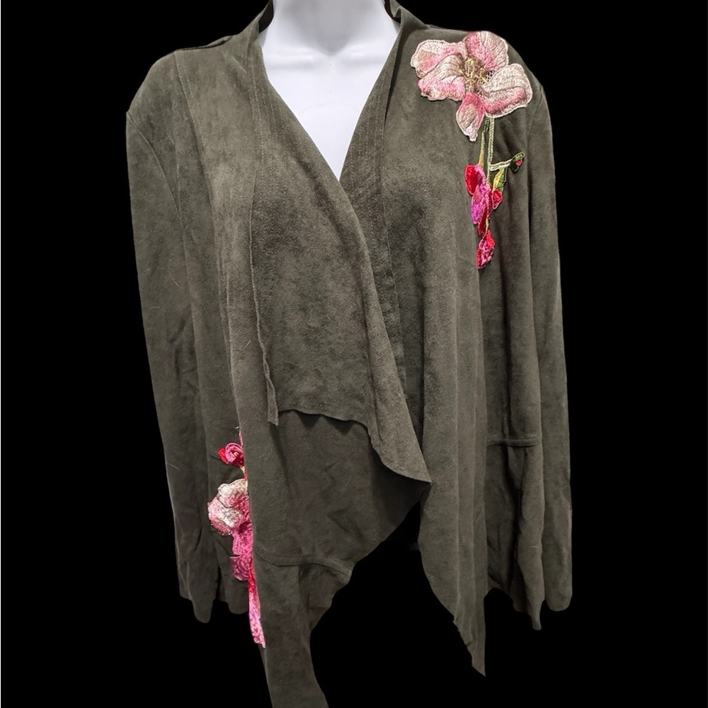 V. Cristina vegan green suede waterfall cardigan with floral embroidery XL - Picture 2 of 7